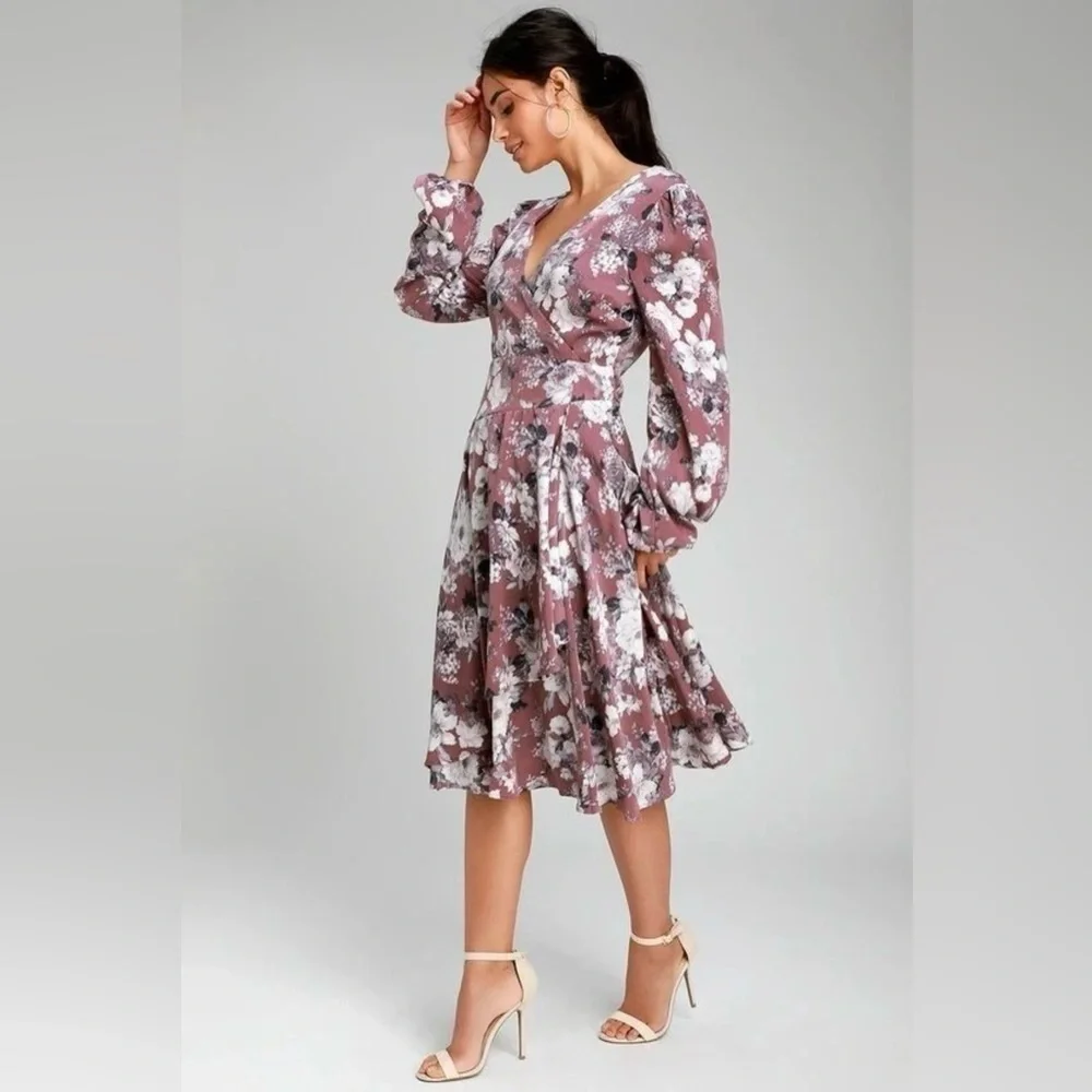NWT Lulu's Lunette Dusty Purple Floral Midi Dress Size Small Coquette Romantic